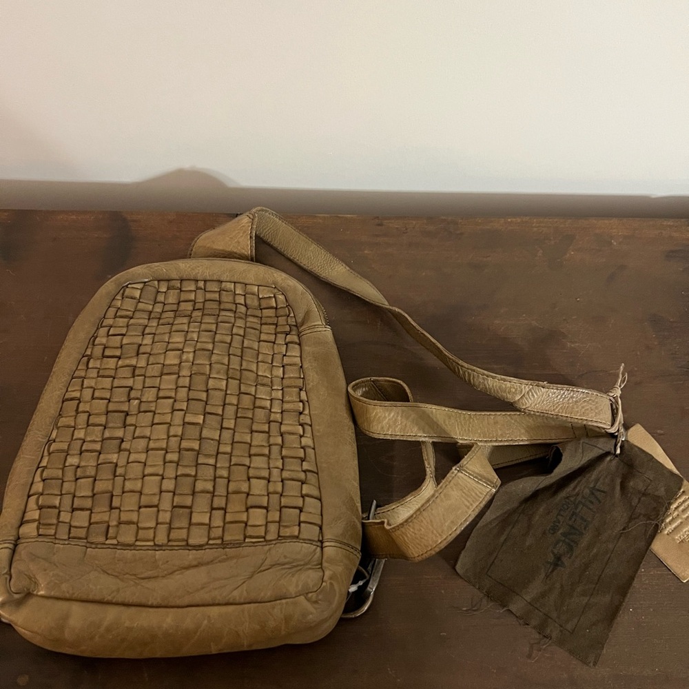 Vilenca Holland Brown Cognac Woven Leather Medium Sling Bag Backpack Crossbody